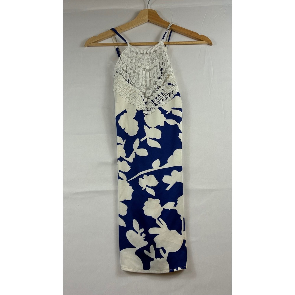 Floral Crochet Halter Mini Dress Blue White Sleeveless Boho Summer Festival Good